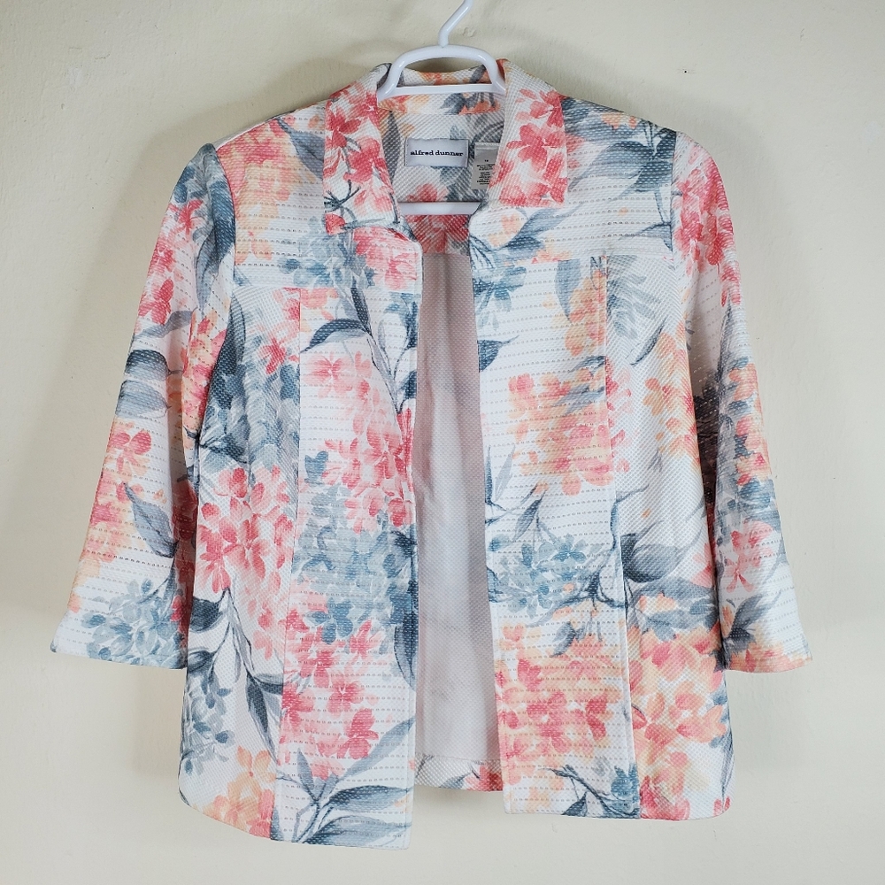 Alfred Dunner Rose Hill Pink Floral Jacket Textured Open Front Women's Size 14